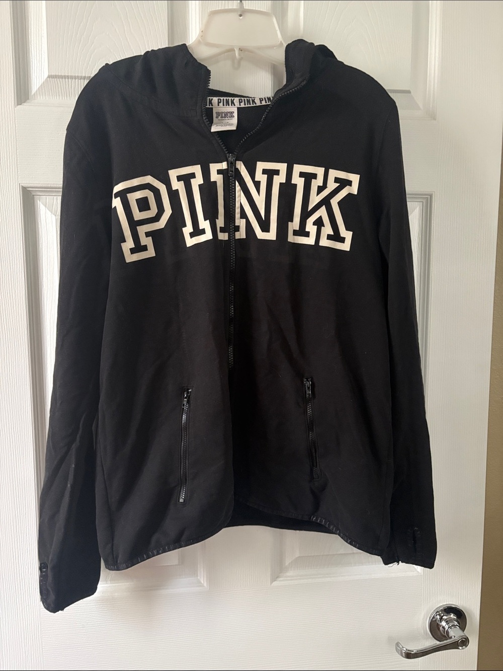 PINK Victoria's Secret Black Zip Hoodie with White Logo